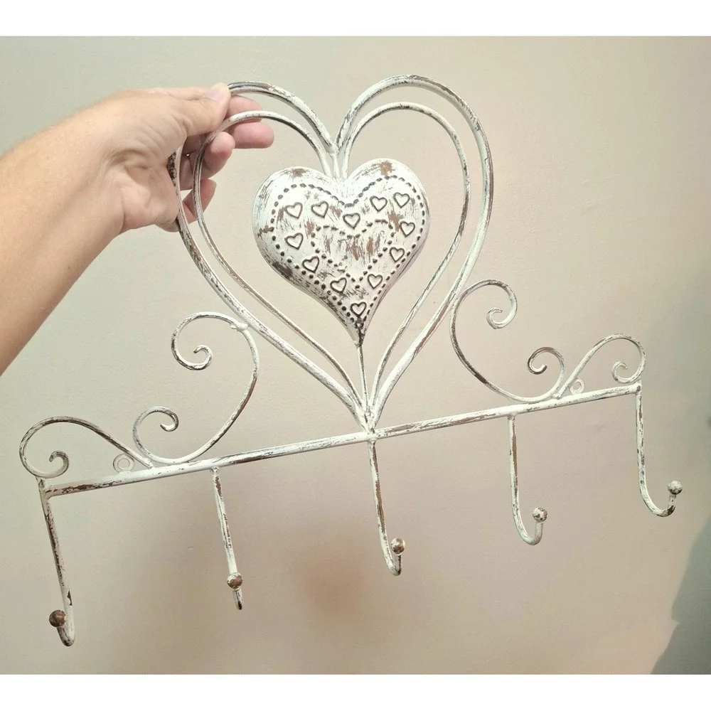 Vintage Shabby Chic White Metal Wall Shelf Hook Coat Rack Heart Distressed